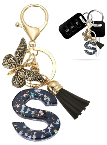 Porte-clés pour fille - Initial nom Porte-clés - Porte-clés avec lettre porte-clés fille initiale - Cadeau pour femme, noir Porte-clés pour femme (S)
