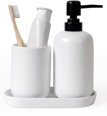 Autumnlife Badezimmer Set Keramik – 3-Teilig Badezimmer Zubehör Set mit Schmal Seifenspender, Zahnputzbecher & Ablageschale, Praktisch Weiß Bad Set für Gäste-WC, Waschbecken & Hotel