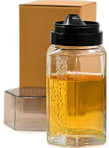 TOSSOW Honey Dispenser Glass Honey Jar Syrup Dispenser Jar Container with Lid and No Drip Plastic Pour Spout, Oil Dispenser Vinegar dispenser for Home Cooking black (350ml)