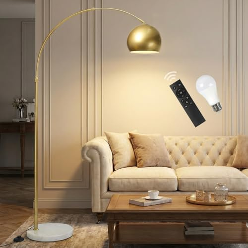 Stehlampe Wohnzimmer Dimmbar Gold, Modern Glockenschirm Design LED Stehleuchte mit Fernbedienung, Timer, 3 Lichtmodi und Speicherfunktion, 175cm Höhenverstellbar Bogenlampe Fußschalter Schlafzimmer
