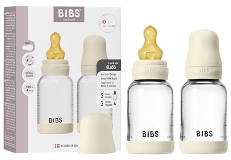 BIBS Nappflaska i glas, 120ml, 2-pack, Sugdel i naturgummi, Ivory | Kolikmotverkande | Långsamt flöde | Stödjer amning | Tillverkad i Danmark