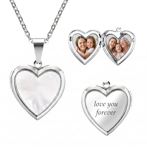 ALBERTBAND Collana Foto Personalizzata Ciondolo Cuore Medaglione da Donna con 2 Foto e Testo Gioiello Regalo per Mamma Moglie Fidanzata (A#Argento)