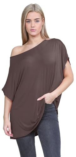 Janisramone Femmes Dames Nouveau Plaine De Le Épaule Batwing Manche Bardot Baggy Surdimensionné T-Shirt Tee Top
