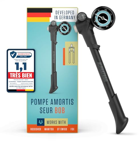 Alphatrail Shock Pump Bob - For all air suspensions and -forks 300 PSI / 20.7 Bar maximum Pressure 2 stage valve I Air bleed button I Large Gauge (1.6) I Suspension pump for RockShox. Fox etc