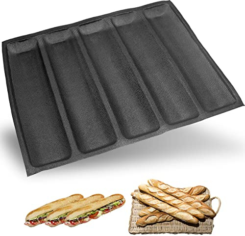 masteymoh 5-Cavity French Bread Baking Pan, Hoagie Rolls Pan, Soft Foldable for Easy Storage, Non-Stick, BPA-Free, 17.2 x 12.2 x 1.4