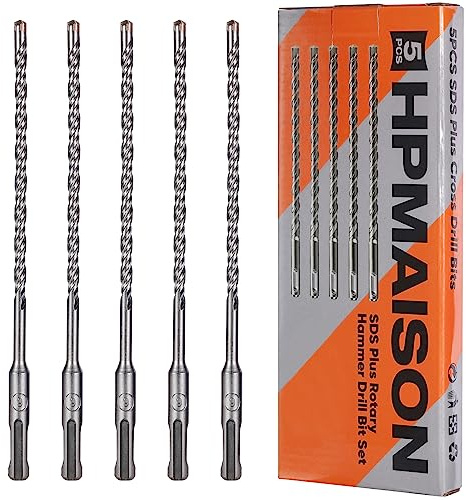 HPMAISON SDS Plus Rotary Hammer Drill Bit Set 6mm x 210mm, 5PCS Cross Drill Bits Hammer Impact Drill Bit 4-Cutter Carbide Tips for Drilling Stone, Concrete, Brick Wall, Cement, Masonry