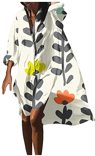 Robe Boheme Chic,Robe De Plage Boheme Robe Grande Taille Fluide Decontractée Robe Chemise Baggy Manche Longue Robe D'Été Imprimee Boutonnee Plus Size Summer Dresses for Women 2023 Blanc M