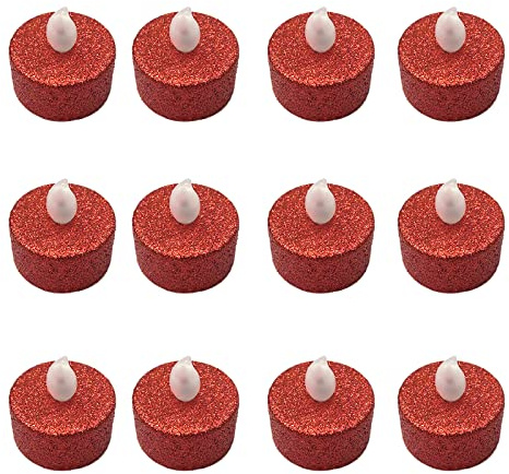 BFYDOAA Petites Bougies LED à Paillettes 12 Pièces, Bougies Votives sans Flamme pour Noël, Fête de Proposition, Cadeaux et Célébration de Festival(Rouge)