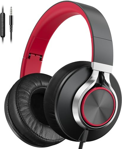 Ailihen Cuffie cablate con microfono e controllo del volume, cuffie stereo sovrauricolari pieghevoli con cavo, per adolescenti e adulti, 3,5 mm, per computer, Chromebook, tablet (rosso)