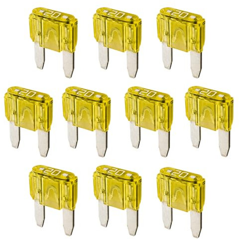 20A KFZ Sicherungen Mini | 12V 24V 32V | 10 Stück | Stecksicherungen für Stromdieb & Sicherungshalter | 11mm Flachsicherungen für Auto, Boot, Motorrad, Wohnmobil, Roller | Ersatzsicherungen