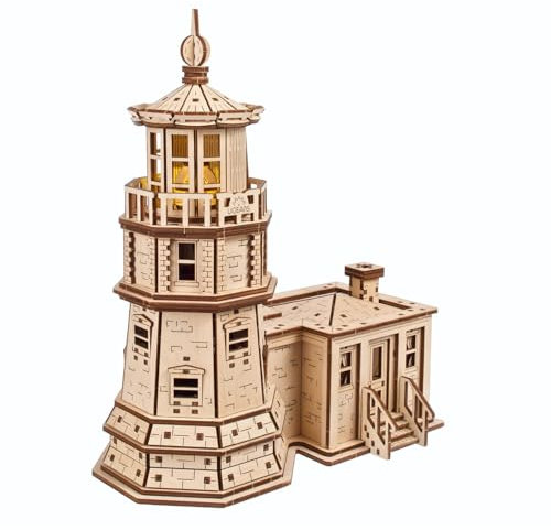 Puzzle 3D UGEARS Phare de Split Rock – Kit Miniature en Bois à Assembler pour Adultes avec veilleuse LED - Puzzles 3D en Bois - Loisirs créatifs pour Adultes - 295 pièces