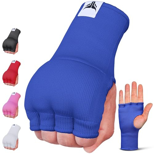 Mytra Fusion Guantes interiores elásticos rápidos y fáciles acolchados de gel para hombres y mujeres, vendas de boxeo para artes marciales mixtas, muay thai, kickboxing, boxeo y artes marciales (azul