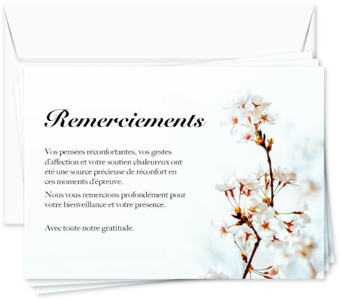 UTTSCHEID Lot de 30 - Cartes Remerciement - Deuil – Condoléances - Décès Obsèques - Cartes avec Enveloppes – Format A6 (10,5 x 14,8 cm) - Fleur de cerisier