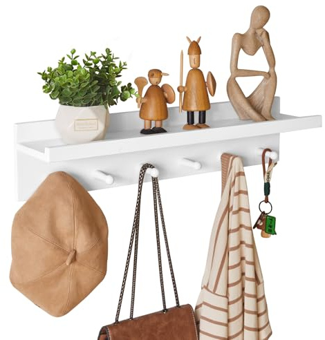 Aibiju Perchero de Madera con Estante Montado en la pared, Estante Colgante de pared de Entrada de 60 cm, para Baño, Cocina, Organizador de Llaves de Toalla Blanco YD-WS0260W