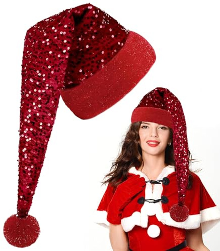 KOIROI Bonnet de Père Noël de Luxe pour Homme et Femme, Long Bonnet Noël avec Paillettes, Bonnets Noel Adulte, Chapeau Brillant pour Noel, Chapeau de Père, Fête à Thème, Carnaval