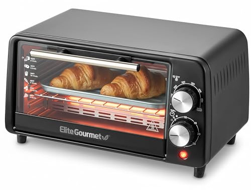 Elite Gourmet ETO449 9L / 4-Slice Countertop Toaster Oven, Compact Design, 30-Min Timer, Adjustable Temp up to 450°F, 800W Quartz Heating, Drop-Down Crumb Tray, Bake, Broil, Toast, Black