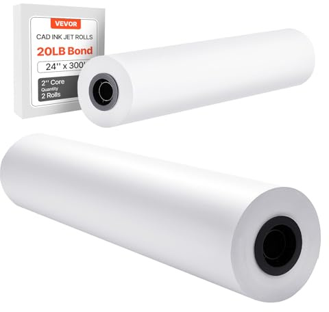 VEVOR Vit ritpapper rulle 609,6 mm x 91,4 m, 2 rullar CAD-plotterpapper, 50,8 mm kärna, för ingenjörsplaner, GIS-kort, arkitektonisk design