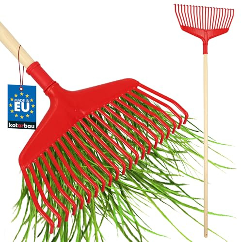 KOTARBAU® Trädgårdskratta - Plast - 38 cm - Trähandtag 150 cm - Extra-Click Funktion - Lövräfsa - Robust Räfsa - Plastkratta Trädgårdsräfsa - För Höstlöv Häckklippning - Röd & Lackerat Trä