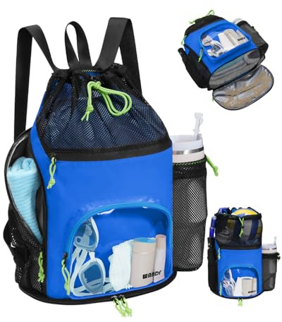 WANDF Swim Bag with Wet Pockets, Sandproof Beach Backpack with 40oz Tumbler Side Pockets, Mesh Drawstring Backpack Swim Bag for Swimming, Pool, Gym and Workout Gear (Blue)