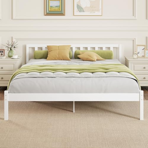 HOMCOM Cadre de lit en Bois Massif 160x200 cm Lit Simple avec tête intégrée et Sommier à Lattes Solide pour Enfants Adultes Blanc