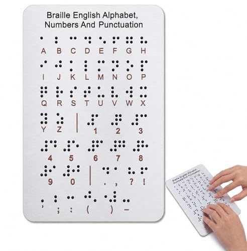 UMEGMBX Braille Alphabet Board – Aluminum Fingerboard with Carved Dots & Numbers – Learning Tool for Blind People – Teaching Aid for Beginners – Silver