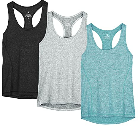 icyzone Workout Running Tank Top for Women - Racerback Yoga Tops Exercise Gym Shirts 3-Pack (S, Black/Granite/Green)
