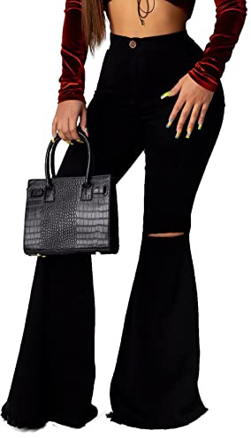 Black Bell Bottom Jeans for Women Stretchy High Waisted Classic Retro Ripped Flared Jeans Solid Denim Pants