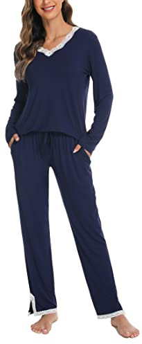 Lovasy Ensemble de Pyjama Femme Cotton Sexy Hiver Grande Taille Ensembles Manche Longue Col en V 2 Pièces Sensuel Dentelle pour Automne Noël,Marine,M