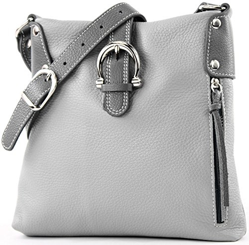 modamoda de -T04 - ital Umhängetasche Schultertasche aus Leder, Farbe:Grau/Dunkelgrau