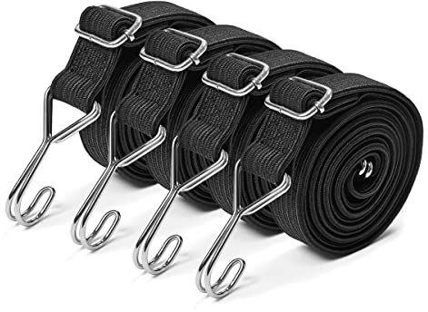 Yorkmills Bungee Cords with Hooks, 4 Pack 2M Heavy Duty Extra Strong Rubber Elastic Straps Adjustable Flat Elasticity Rope Set with Metal Buckle for Bike Luggage Racks Camping Gardening Clothesline