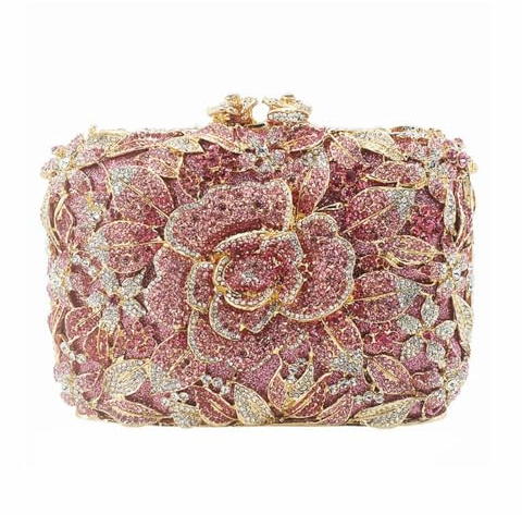 DJBM Vintage Women Floral Rhinestone Crystal Purse Rose Evening Clutch Diamond Evening Bags for Party Wedding Cocktail Prom, Pink