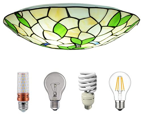Tiffany Antik Deckenleuchte Wohnzimmerlampe Weiß Glas Schirm Grüne Blätter Schlafzimmer Vintage Leuchte, Retro Dekorative Büro Mediterrane lampe, Weinlese Pendellampe Esszimmer Modern Nordic (50cm)