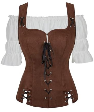 Womens Pirate Costume Blouse Shirts Vest Set Renaissance Steampunk Viking Ruffled Bodice Lace-up Waistcoat Cosplay Blue XS