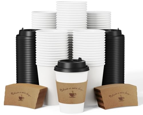 LITOPAK 100 Pack 12 oz Disposable Coffee Cups with Lids and Kraft Sleeves, Leak-Proof White To Go Coffee Cups for Office, Cafe, Catering, Events and Daily Commute