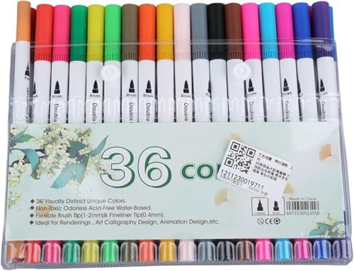 36 Colors Markers, Double Head Coloured Pen Watercolour Pens with Flexible Fiber Brush Tips Professional Dual Brush Markers Pen Watercolor Pens
