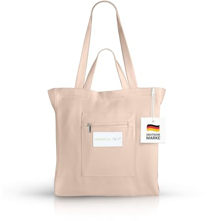 Marple Tex® Stofftasche Einkaufstasche mit Reißverschluss, Handtasche, Einkaufsbeutel, Schultertasche mit langen und kurzen Henkeln, Tragetasche, leichte Umhängetasche (Beige)