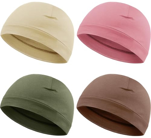 Syhood 4 Pcs Cotton Skull Caps for Men Women Breathable Beanie Thin Sleep Hat Night Running Cap Helmet Liner for Cycling Gym(Army Green, Pink, Brown, Beige,Solid Style)