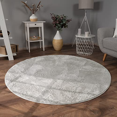 Paco Home Teppich Wohnzimmer Kunstfell weich waschbar modern elegant pflegeleicht Felloptik Uni Seidenglanz flauschig Kurzflor, Grösse:160 cm Rund, Farbe:Grau