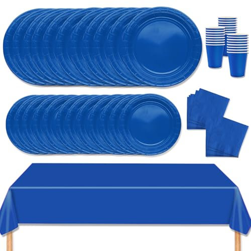 MORAINJAY 69 Stück Partygeschirr Set,Blau Papiergeschirr Set,Geburtstag Party Geschirr Set mit Tischdecke Pappteller Servietten Becher,für Hochzeiten,Weihnachten Geburtstagsparty Deko-16 Gäste