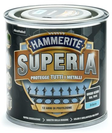 Hammerite Superia smalto metallo antiruggine interno e esterno, Brillante Grigio Scuro, 250 ml