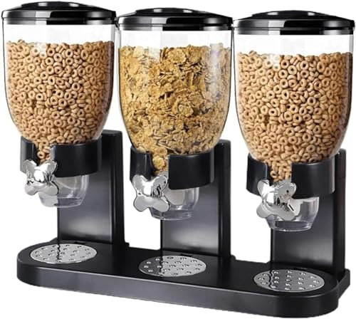 Greenfields Triple Dry Food Cereal Dispenser – Classic Storage Canister for Cornflakes, Candy, Sweets, Lentils, Nuts, Beans & Granola – Easy Control Kitchen Quick Dispenser, Black