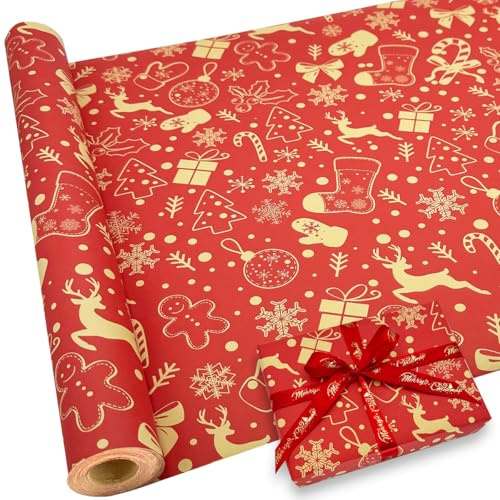 Papel de regalo Navidad para envolver regalos, rollo de papel de regalo de-Navidad, diseño festivo rojo, 43 cm x 15 m, para decoración de fiestas
