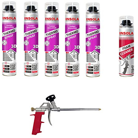 INSOLA - Mousse expansive polyuréthane Projetable par Pulvérisation - ThermoSpray 3D - 850 ml - Isolation Thermique et Phonique (Lot de 5 + 1 + 1)