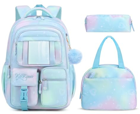 Tanou Backpack with Lunch Box for Girls, Kawaii Set School Bag for Kid Elementary Middle School, Aesthetic Laptop Bookbag Lightweight, Blue