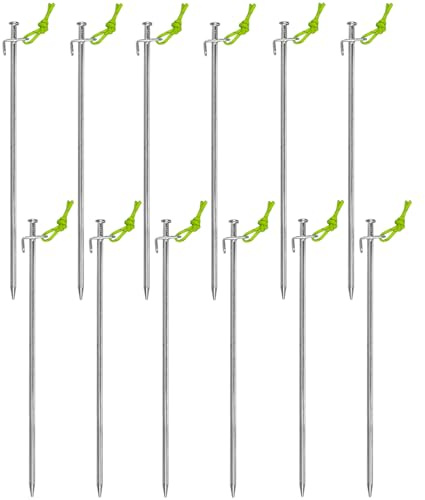 Lot de 12 piquets de tente avec crochets en L 40 cm en acier galvanisé, robustes pour sols durs, avec tendeurs fluorescents, idéaux pour tentes, auvents, pavillons, camping