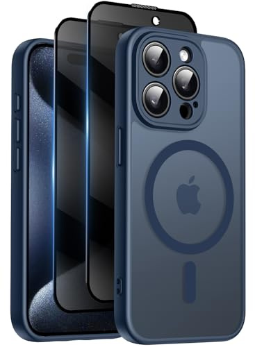 Qasyfanc Coque Magnétique pour iPhone 15 Pro Max avec 2 Verre Trempé Anti-Espion, Compatible avec MagSafe, Étui Mat Translucide Arrière Housse Antichoc Anti-Rayures, Bleu
