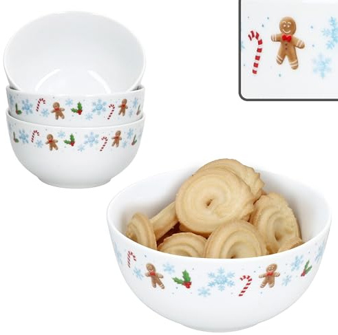 MamboCat Candyman Lot de 4 bols à pâtisserie Ø 14 cm I 420 ml en porcelaine avec bonhomme en pain d'épices, sucre d'orge et flocons de neige bleu glacé I pour pâtisseries, biscuits et collations I