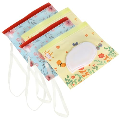 Ipetboom Eva Wet Tissue Case and Refillable Wipe Holder with Lid for Travel and Baby Care, Portable Wet Wipes Container with Window Design, 4pcs Pack with Butterfly and Flower Pattern
