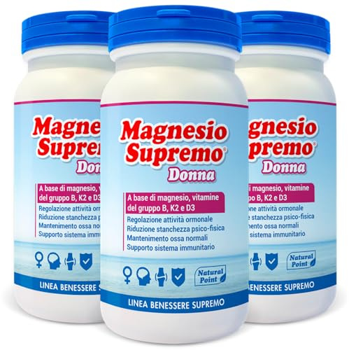Magnesio Supremo DONNA - Integratore di Magnesio in Polvere con Vitamine B6 B9 B12 D3 K2 - Stanchezza, Sistema Nervoso, Ossa - Senza Glutine e Lattosio - Vegano - 3 Confezioni da 150g