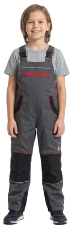 CXS PHOENIX CASPER Niedliche Kinder-Arbeitslatzhose - mit reflektierenden Elementen, Taschen, verstärkten Knien, verstellbar, robust, für kleine Heimwerker, für Haus- und Gartenarbeit (grau-rot, 130)